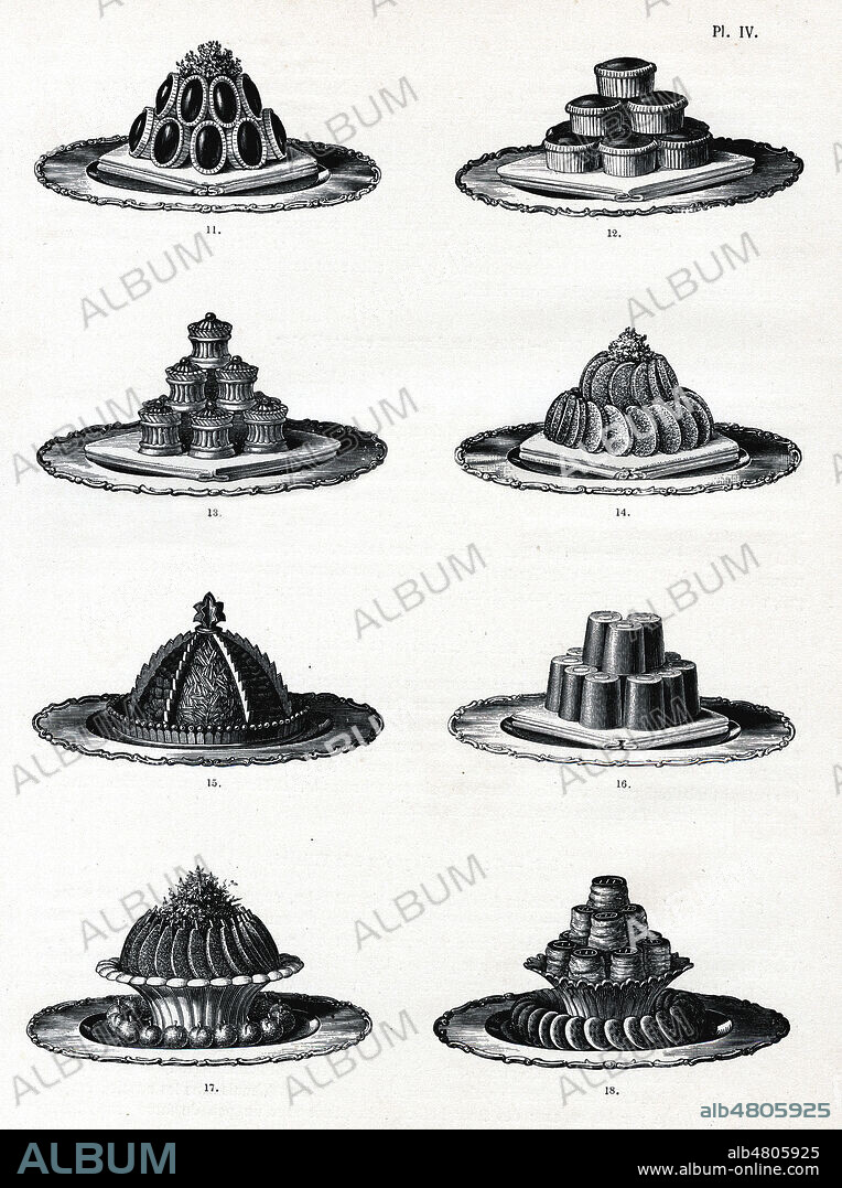 Hors-d'oeuvre chauds (par ordre) : Filets de becassines en caisse, Petites caisses de foie gras, Petits pates a la financiere, Boudins de faisan, Friture melee, Petites croustades a la Victoria, Filets de poulets a la Villeroi, Bouchees et boudins. Illustration anonyme pour l'edition de 1886 de la Cuisine classique de Urbain DUBOIS et Emile BERNARD. Credit : Collection Kharbine-Tapabor.