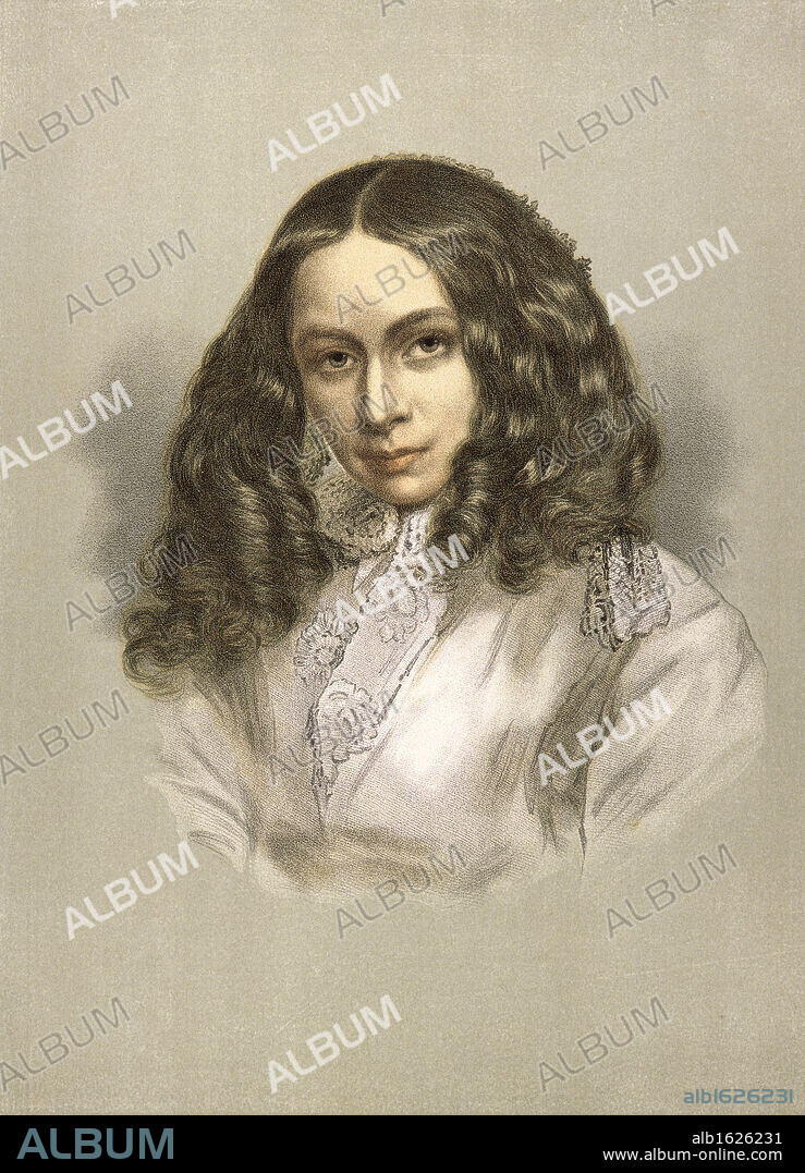 ARTIST UNKNOWN. Elizabeth Barrett Browning (1806-1861)   English poet   Lithograph.
