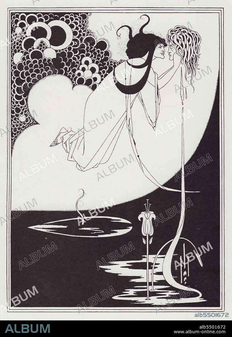 AUBREY BEARDSLEY. The Climax, 1893. The floating figure of Salome holds the severed head of John the Baptist (Jokanaan). The head has writhing snake-like hair, and drips blood which forms a pool from which grows a white lily. A cluster of bubble-like objects perhaps reference the 'clusters of black grapes' to which Salome compares John's hair. Illustration for "Salome" by Oscar Wilde, [John Lane, 1894]. From "The Best of Beardsley" edited by R. A. Walker, [The Bodley Head, London, 1948].