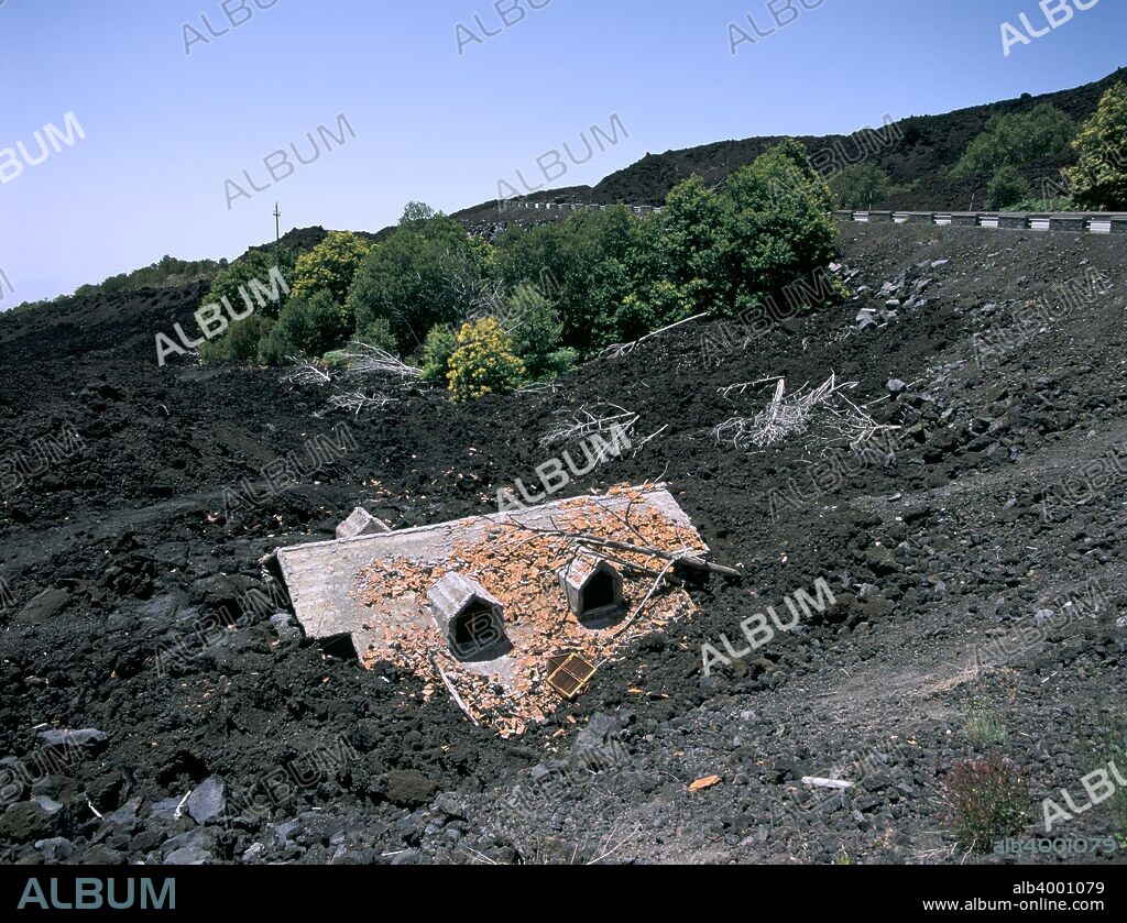 House destroyed by lava flow, Mount Etna, Sicily, Italy.