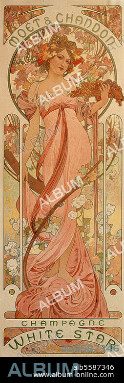 ALPHONSE MUCHA. Nahrungs- und Genußmittel:. Alkohol / Sekt. "Moët & Chandon / Champagne White Star". (Werbung der Sektkellerei Moët & Chandon). Plakat, 1899, von Alfons Mucha (1860-1939). Farblithographie, 60 × 20 cm. Druck: F.Champenois. Mucha Trust.