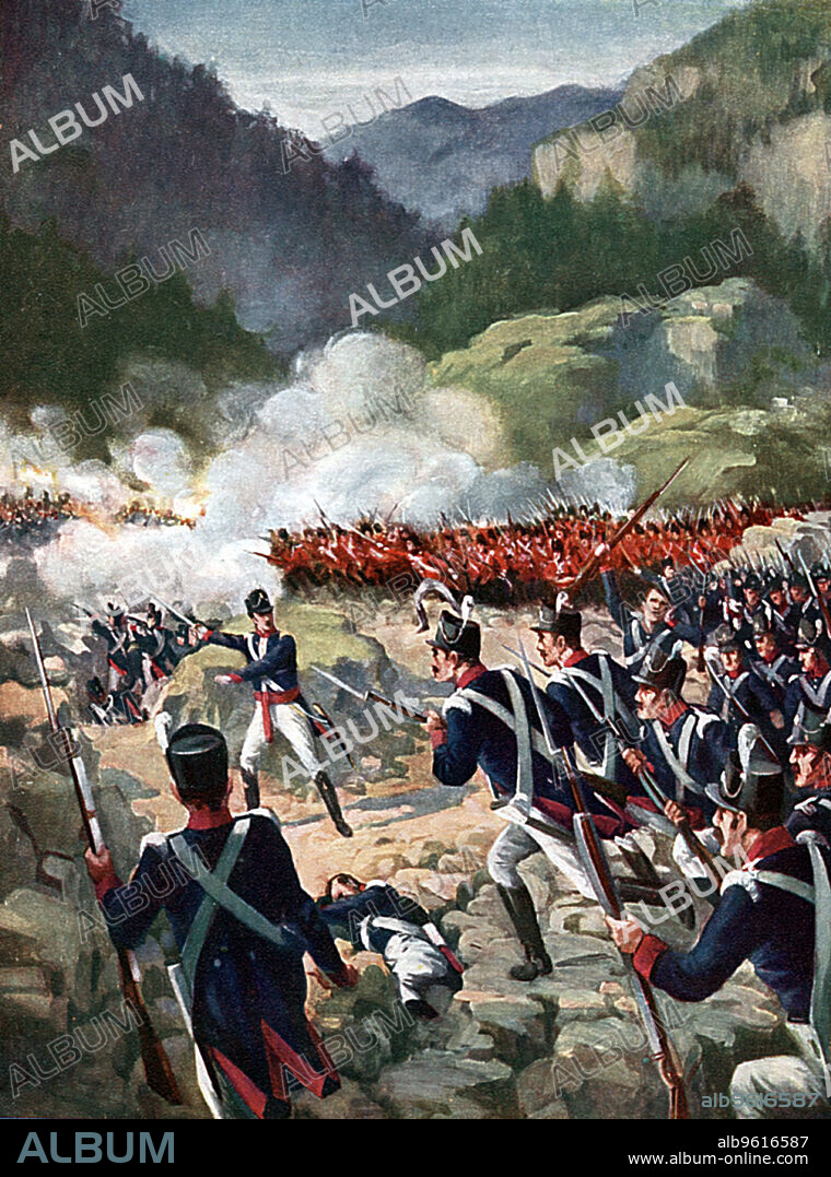 Battle of Busaco, Peninsular War, Portugal, 27 September 1810. British and Portuguese troops commanded by Wellington repulsed the French under Massena.