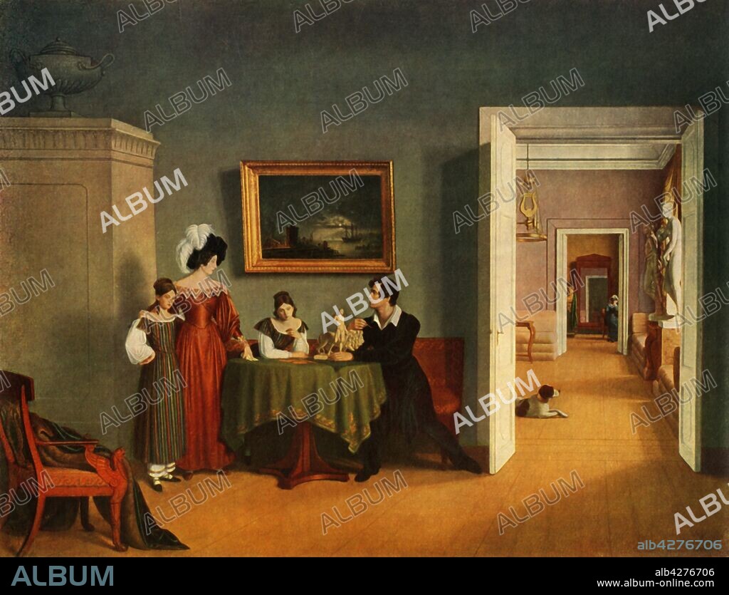 FYODOR TOLSTOY. 'Family Portrait', 1830, (1965). A group of people around a table, with a landscape painting above them. The man holds a classical figurine, and there is a sculpture in the next room. Painting in the State Russian Museum, St Petersburg. From "Russian Painting of the 18th and 19th Centuries" by Vladimir Fiala. [Artia, Czechoslovakia, 1965].