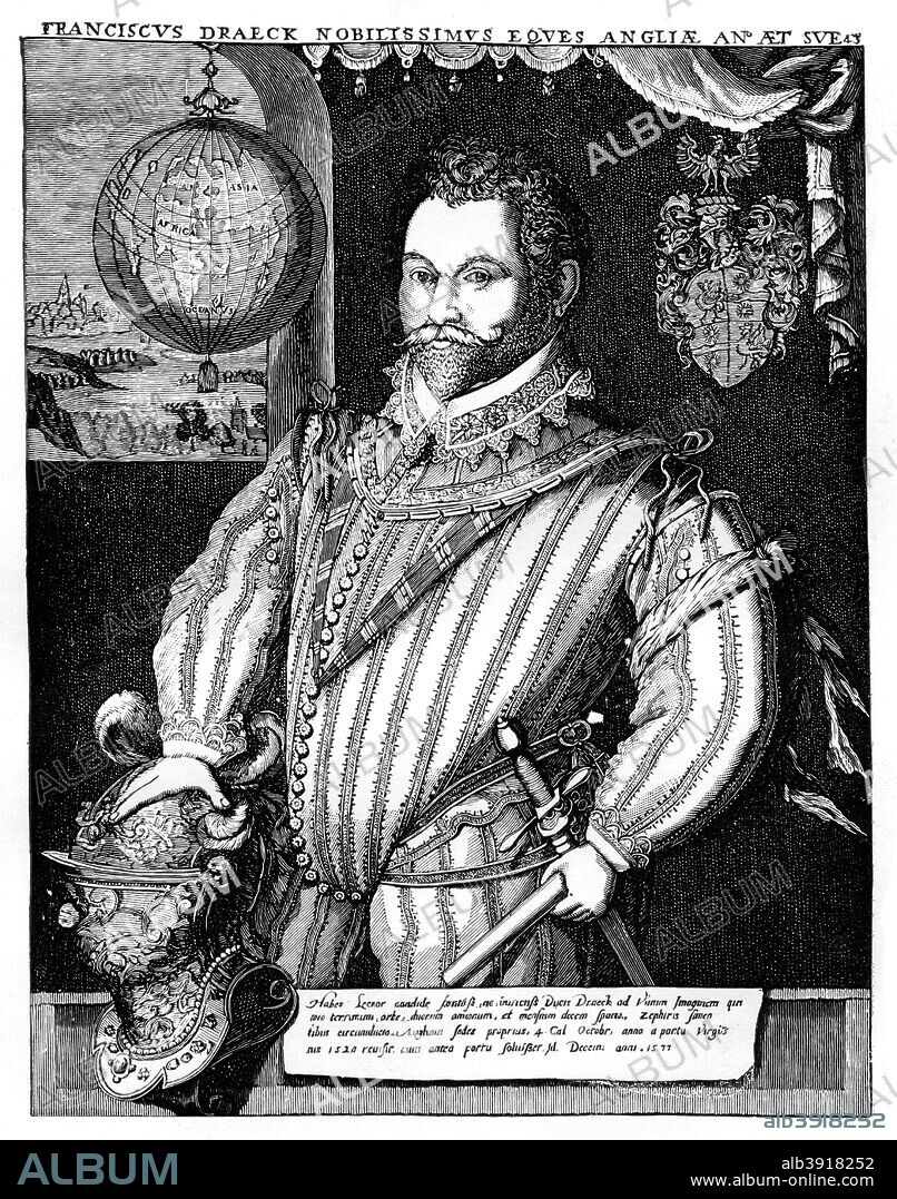 Sir Francis Drake, 16th century, (1910). Portrait of the English sea-captain (1540-1596) at the age of 43, wearing a peascod doublet. This garment had a ridge down the front with a point to it, which crept lower and lower over time. Illustration from British Costume during 19 Centuries by Mrs Charles H Ashdown, (London, 1910).