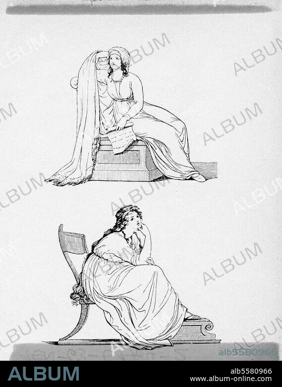 Hamilton, Lady Emma, geb. Lyon, verehel. (William) Hamilton (Geliebte Lord Nelsons); 1765-1815. Lady Hamilton als "Sibylle" (oben) und als "Verliebte Träumerin" (unten). Nach Umrißzeichnungen, um 1794, von Friedrich Rehberg (1758-1835) aus der Folge "Attitüden der Lady Hamilton".