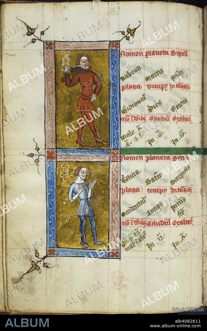 Miniatures of two figures (Rubeus (Red) and Tristicia (Sadness)) in two compartments, relating to the accompanying astrological tables. Libellus geomancie (Book of Astrological Tables). England; last decade of 14th century, after 1391. Source: Royal 12 C. V, f.21v. Language: Latin.