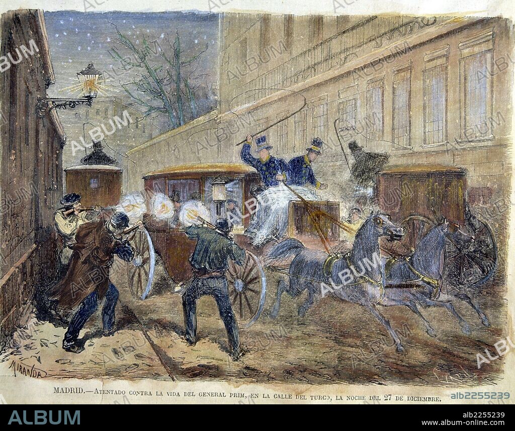 PRIM , JUAN. POLITICO Y MILITAR ESPAÑOL. REUS 1814-1870. " ATENTADO EN LA CALLE TURCO DE MADRID , AÑO 1870 ". GRABADO COLOREADO. ILUSTRACION ESPAÑOLA Y AMERICANA.