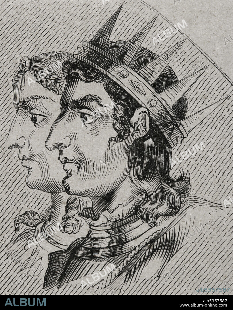 Silo (m. 783). Rey de Asturias (774-783). Adosinda (h. 728-finales siglo VIII). Reina consorte de Asturias por su matrimonio con Silo. Retrato. Grabado. Las Glorias Nacionales. Tomo II, edición Madrid-Barcelona, 1853.