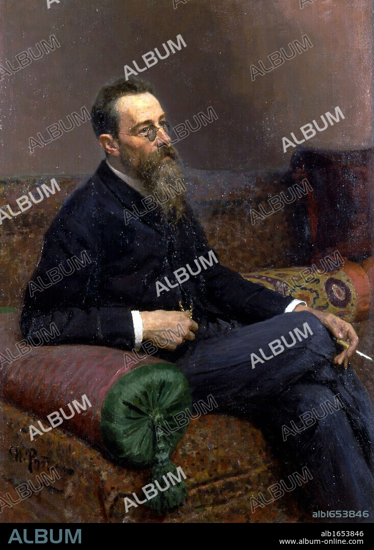 Nikolai Andreyevich Rimsky-Korsakov (1844-1908) Russian composer, a master of orchestration. Oil on canvas. Ilya Yefimovich Repin (1844-1930). Three-quarter portrait, seated on sofa half-turned  from front. Music  Musician.