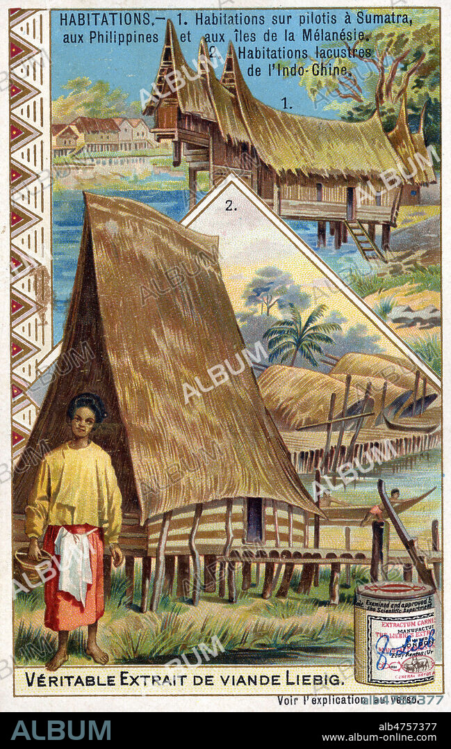 'Habitations sur pilotis a Sumatra aux Philippines et aux iles de la Melanesie. Habitations lacustres de l'Indochine'. Illustration anonyme de 1904 pour un chromo Liebig de la serie 'Habitations'. Credit : Collection KHARBINE-TAPABOR.