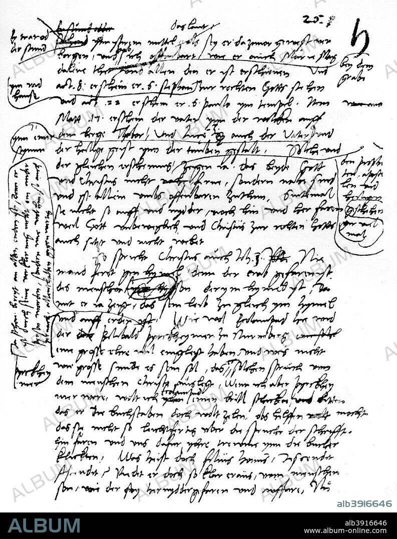 Facsimile of Martin Luther's handwriting, 1903. A page from the treatise, That these words of Christ, 'This is my body, &c.,' are still true, contrary to the Fanatics, published in 1527. From the original in the Royal Library at Copenhagen. A print from The World's History, A Survey of Man's Record, by Dr HF Helmolt, Volume II, William Heinemann, London, 1903.