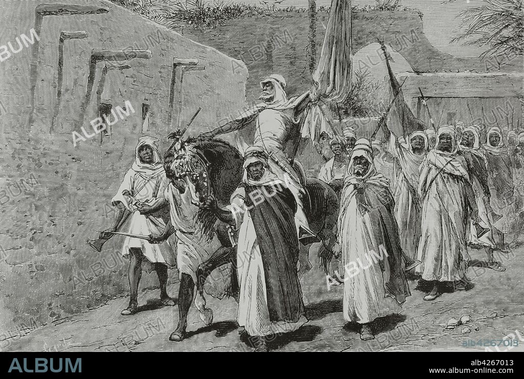Regencia de Túnez (nombre otorgado a la región bajo la dominación otomana). Un"Marabuth"predicando la insurrección de las tribus. Grabado por Tomás Carlos Capuz (1834-1899). La Ilustración Española y Americana,8 de agosto de 1881.