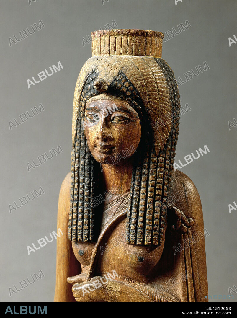 Egyptian civilization, New Kingdom, Dynasty XIX. Wooden statue of Ahmes Nefertari, wife of Amenhotep I, from Deir el-Medina. Detail, the bust.