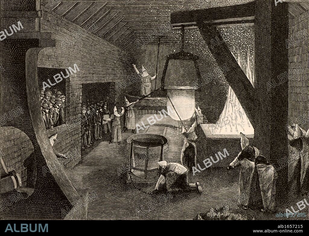 Casting the speculum metal mirror for the Great Melbourne telescope. The first casting of the 48-inch (122cm) mirror was made on 3 July 1866, but this was defective and it5 was the third casting made a fortnight later that was finally used. the telescope was assembled in Dublin before being dismantled and shipped to Australia in 1868. Built by Grubbs of Dublin. Engraving after the picture by Howard Grubb. From "The Strand Magazine" (London, 1896). (Photo by: Universal History Archive/UIG via Getty Images).