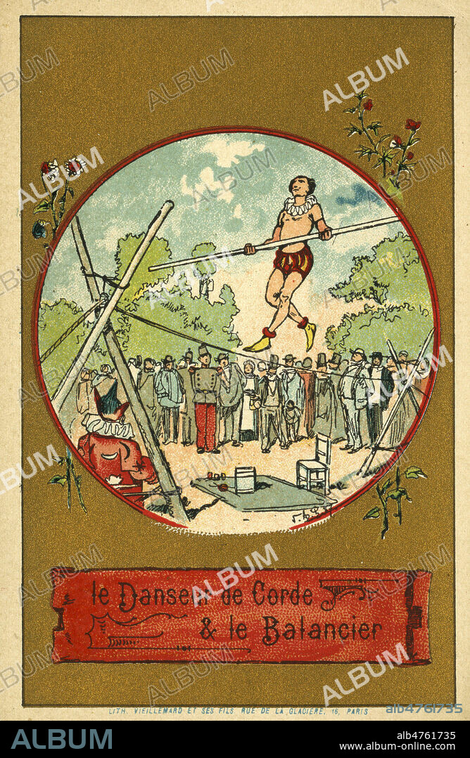 'Le danseur de corde et le balancier' : fable de FLORIAN (1755-1794). Illustration anonyme pour une serie de chromos vers 1885. Credit : Collection IM/KHARBINE-TAPABOR.