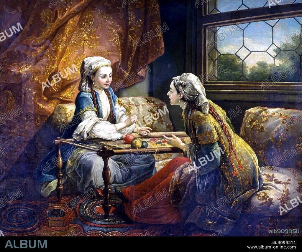 Madame de Pompadour as Sultana, by Carle van Loo, painted for an overdoor at Bellevue in the Grande Chambre, known as 'Chambre a la turque'. This, together with its companion below, La Conversation espagnole, were left by the marquise to her brother, who said that these were the only portraits to give a true likeness of her.
