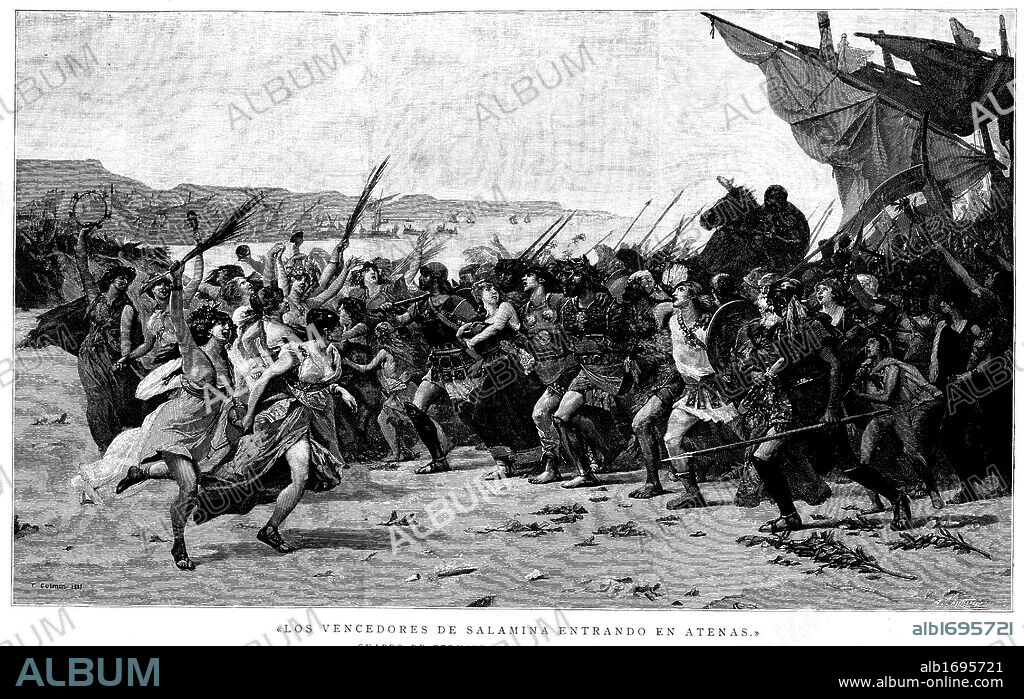 Grecia. Antigüedad. Los vencedores de la batalla naval de Salamina, entrando en Atenas. Segunda guerra médica entre persas y griegos (480 a.c.). Grabado de 1888.