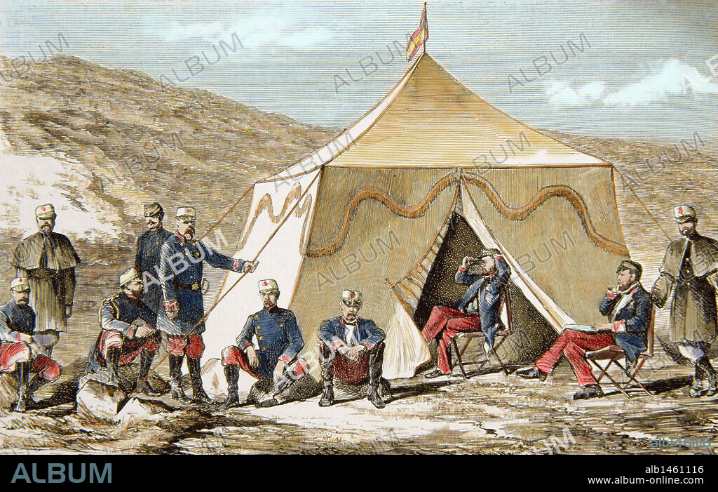Juan Prim (1814-1870). Spanish political and military. General Prim in his tent. African War between Spain and Morocco. Colored engraving from "The Universal Museum" (1860).