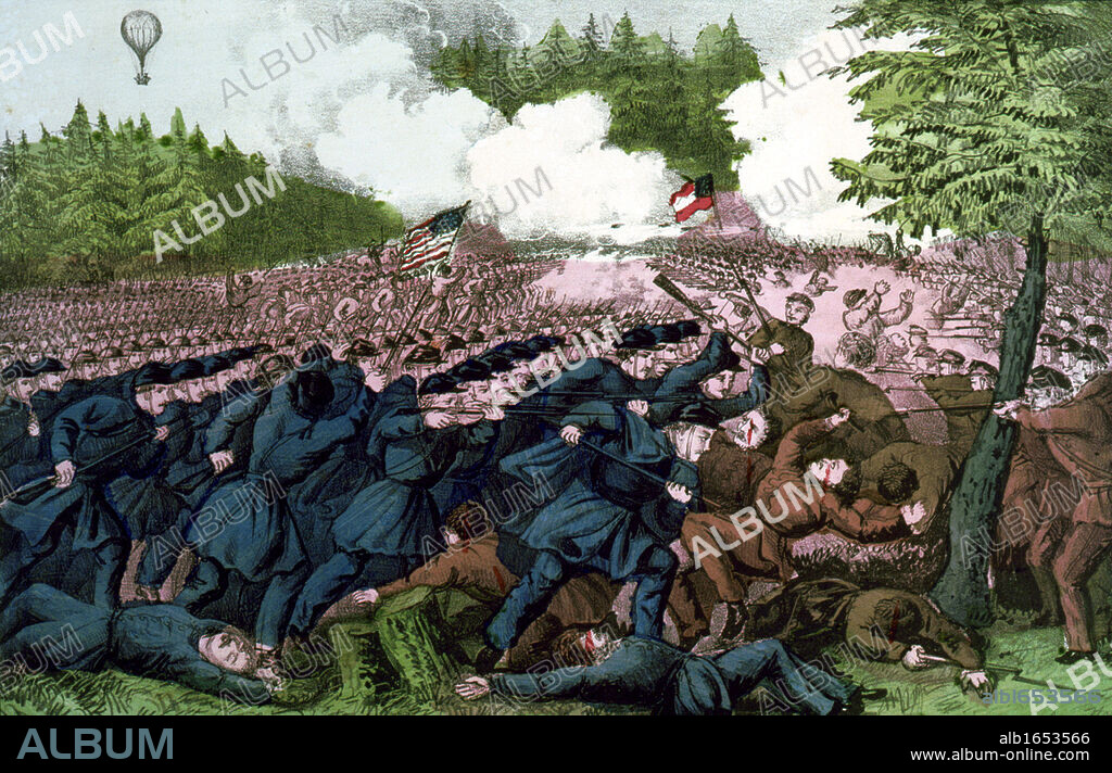 American Civil War 1861-1865: The Battle of Fair Oaks (Battle of Seven Pines or Fair Oaks Station) Virginia, 31 May to 1 June 1862. Union troops charging Confederates. Outcome inconclusive. Currier & Ives print 1862. Note balloon.