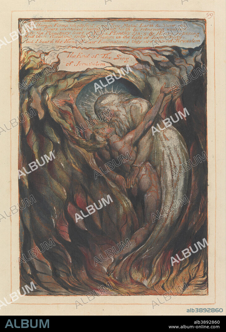 WILLIAM BLAKE. Jerusalem, Plate 99, "All Human Forms identified....". Date/Period: 1804 to 1820. Print. Orange print, pen, black ink and watercolor on cream-colored paper (Relief etching printed in orange with pen and black ink and watercolor on moderately thick, smooth, cream wove paper). Height: 226 mm (8.89 in); Width: 155 mm (6.10 in).