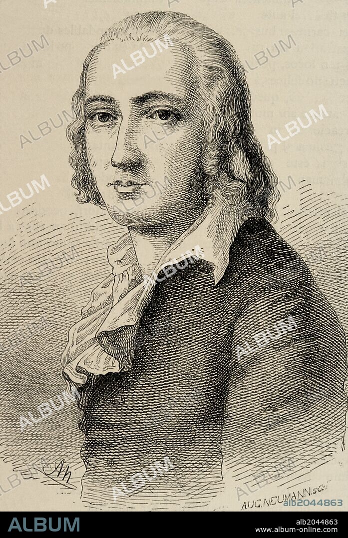 ADOLF NEUMANN. Johann Christian Friedrich Hölderlin (1770-1843). Poeta lírico alemán. Su poesía acoge la tradición clásica y la funde con el nuevo romanticismo. Grabado de A. Neumann. "Historia Universal, año 1885".