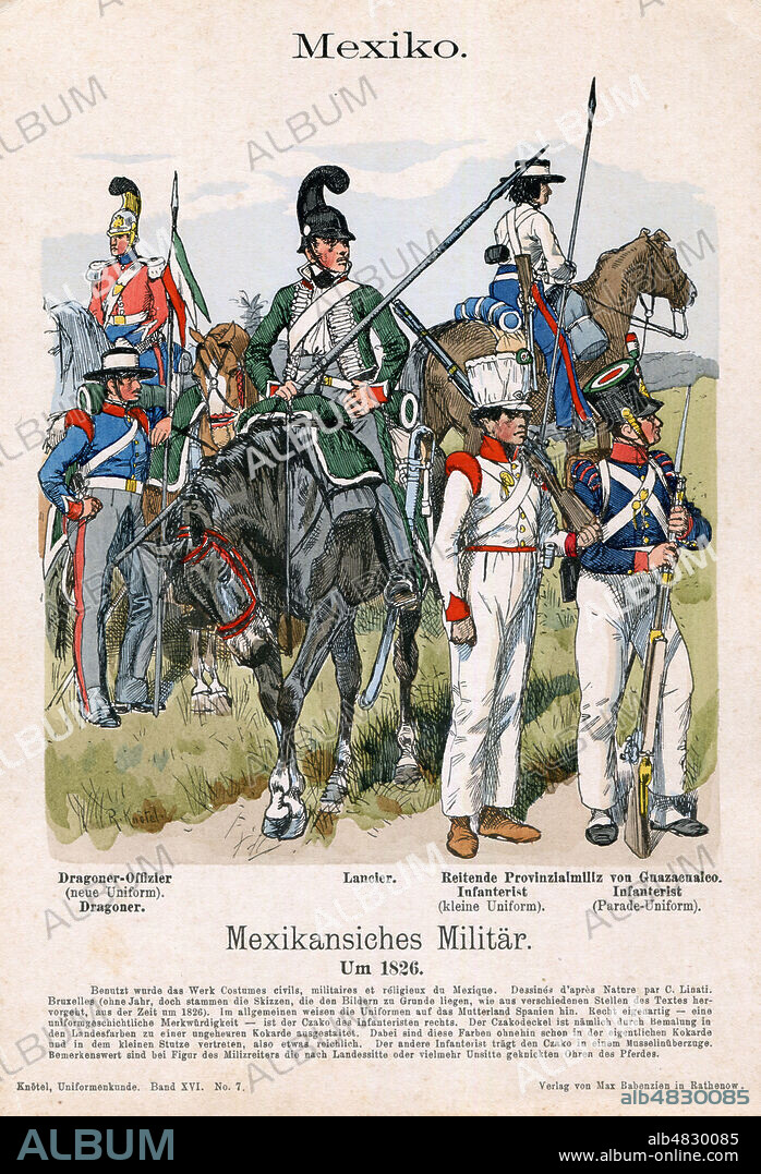 Uniformes des soldats de l'armee de Jose Miguel Ramon Adaucto Fernandez y Felix vers 1826 sous le mandat de Simon BOLIVAR (1783-1830). Planche allemande illustree par Richard KNOTEL (1857-1914) d'apres C. LINATI. Credit : Collection F.Pineau/Kharbine-Tapabor.