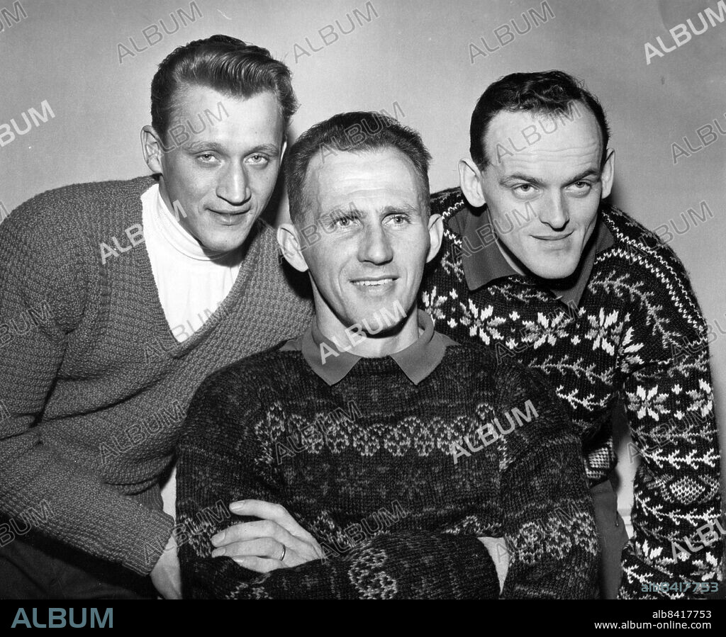 1963. Skidåkarna Ragnar "Föllinger" Persson, Sixten Jernberg och Assar Rönnlund.. Foto: Ingemar Berling / DN / TT / Kod: 5. ** SvD OUT **.