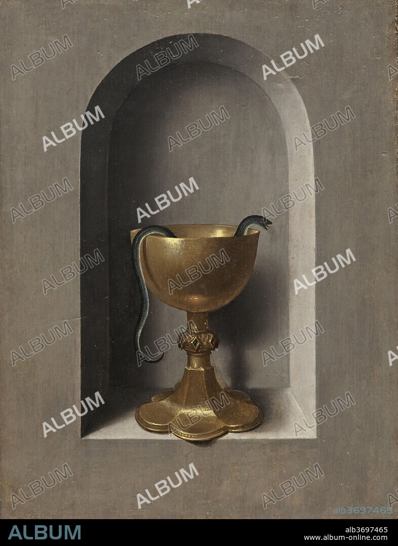 HANS MEMLING. Chalice of Saint John the Evangelist [reverse]. Dated: c. 1470/1475. Dimensions: painted surface: 30.2 x 23 cm (11 7/8 x 9 1/16 in.)  overall: 31.2 x 24.4 cm (12 5/16 x 9 5/8 in.)  framed: 41.3 x 33.2 x 3.5 cm (16 1/4 x 13 1/16 x 1 3/8 in.). Medium: oil on panel.