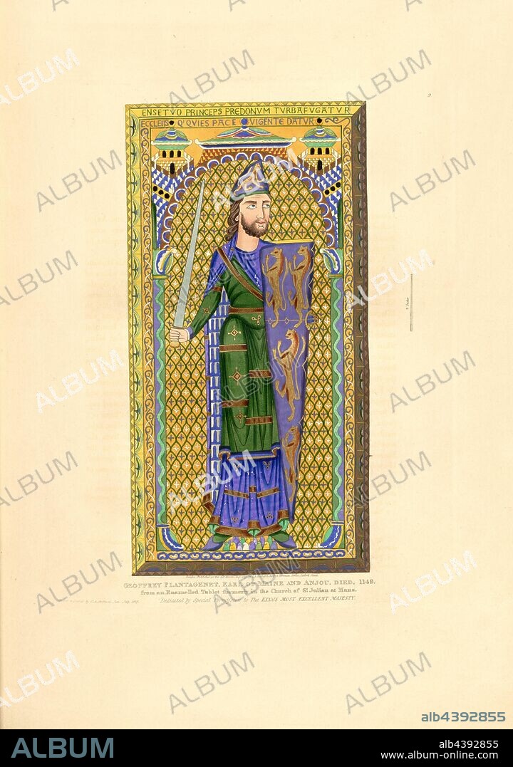 Geoffrey Plantagenet, Earl of Maine and Anjou, died 1149, from an Enamelled Tablet formerly in the Church fo St. Julian at Mans, Grave plate of Gottfried V, Count of Anjou in the Cathedral of Le Mans, signed: Drawn & Etched by C.A. Stothard Jun, Fig. 6, 2, according to p. 2, Stothard, Charles Alfred Jun. (drawn & etched), Charles Alfred Stothard, Alfred John Kempe: The monumental effigies of Great Britain: selected from our cathedrals and churches, for the purpose of bringing together, and preserving correct representations of the best historical illustrations extant, from the Norman conquest to the reign of Henry the Eighth: dedicated by permission to the Prince Regent. London: printed by J. M'Creery [...], 1817-1832.