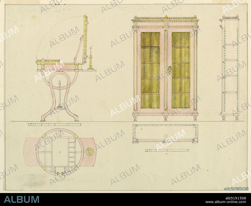 Design for Mechanical Furniture: Dressing Table and Bookcase, Pen and ink, brush and watercolor on paper, Upper left, side elevation of a dressing table with fitted compartments; lower left, details of construction, show through top. Right, front elevation of a design for a bookcase with double glass doors, flanked by pilasters and surmounted by dentil mounting and railing cornice with center and corner finials. Details of construction, side and top. Scale below each piece., Germany, ca. 1805, furniture, Drawing, Drawing.