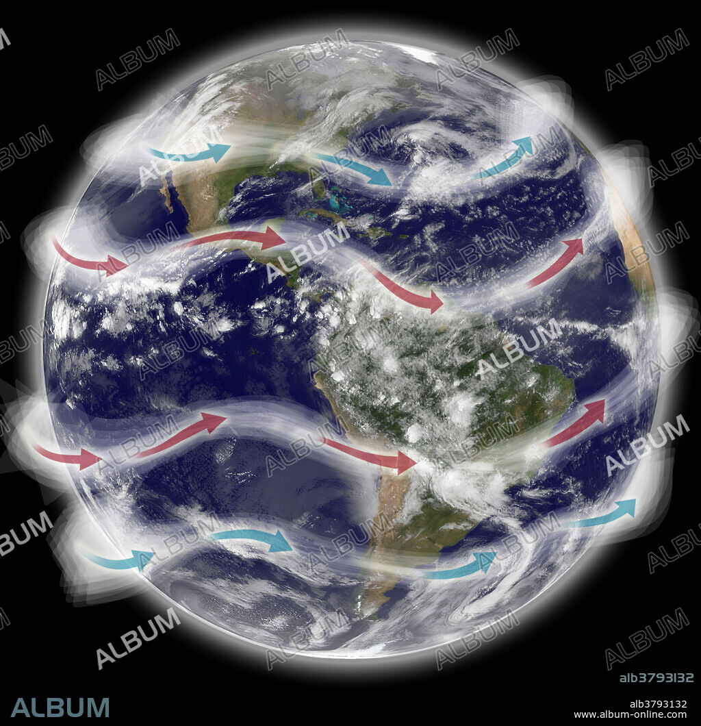 An illustration of the jet stream. Jet streams are relatively narrow bands of strong wind in the upper levels of the atmosphere. The winds blows from west to east in jet streams but the flow often shifts to the north and south. Jet streams follow the boundaries between hot and cold air.