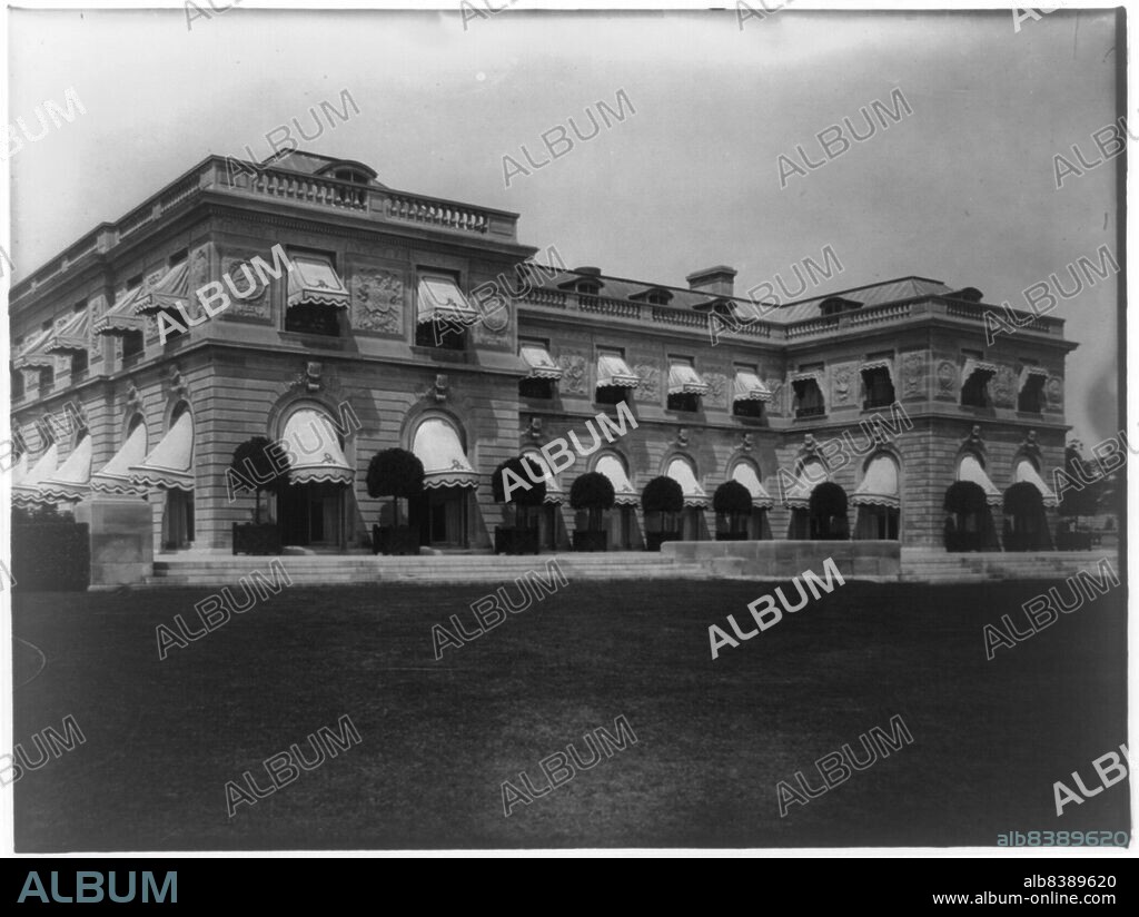 FRANCES BENJAMIN JOHNSTON. Hamilton Rice home, Newport, Rhode Island, exterior view, between 1917 and 1927. The Miramar neoclassical mansion was designed by Horace Trumbauer for heiress and philanthropist Eleanor Elkins Widener and her husband George Widener. After George died aboard the RMS Titanic in 1912 Eleanor married again, and Miramar was used as a summer residence by her and her second husband, geographer and explorer Alexander H. Rice Jr.