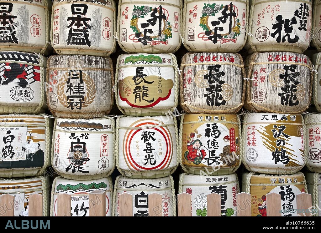 Sake barrels, Kasuga Shrine, Nara park, Nara, Japan.