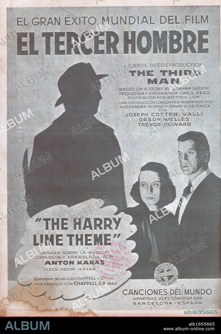 Partitura musical de la banda sonora de la película "El tercer hombre", dirigida por Carol Reed, protagonizada por Joseph Cotten, Alida Valli, Orson Wells y Trevor Howard. Música de Anton Karas. Barcelona, 1949.