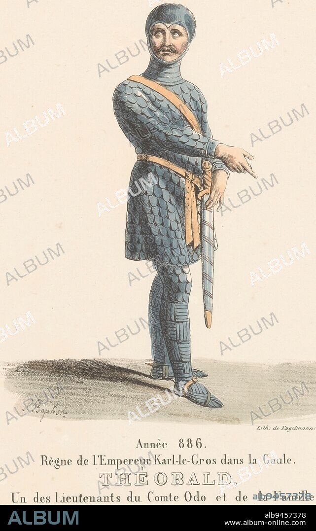 Costume of knight Th, print maker: Martin Sylvestre Baptiste, (mentioned on object), Henri Duponchel, Jean Alaux, Paris, 1826, paper, h 365 mm - w 277 mm.