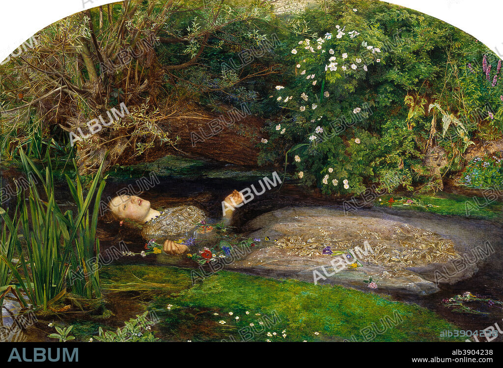 JOHN EVERETT MILLAIS. Ophelia
 Ophélie. Date/Period: Ca. 1851. Painting. Oil on canvas. Height: 76.2 cm (30 in); Width: 111.8 cm (44 in).