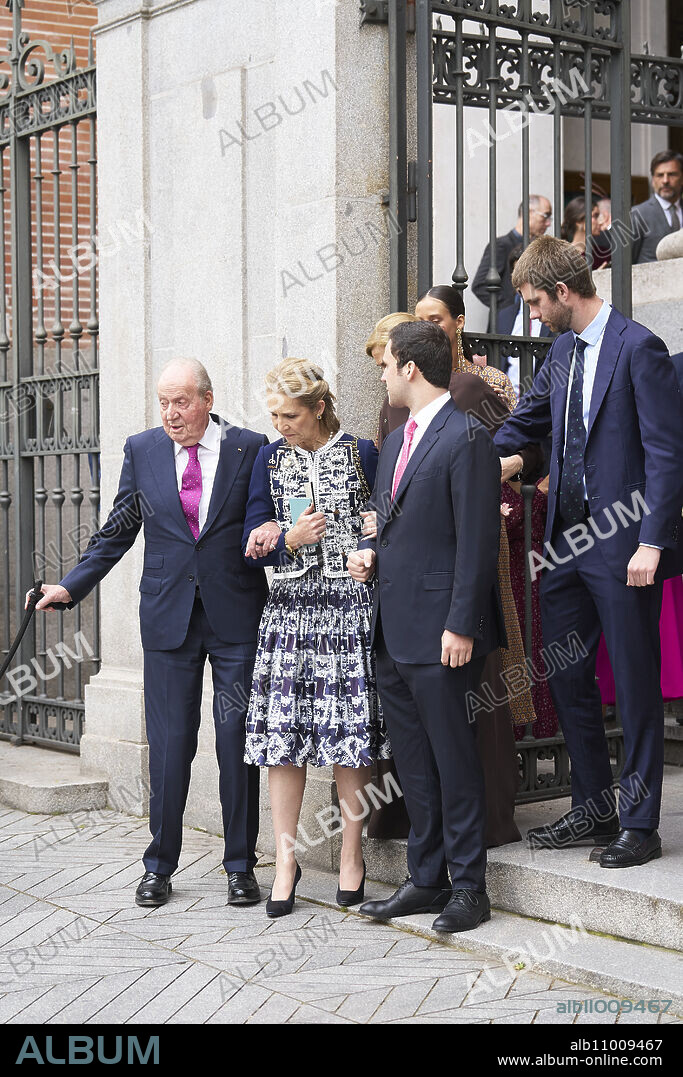 King Juan Carlos of Spain, Princess Elena de Borbon, Princess Cristina de Borbon, Juan Valentin Urdangarin Borbon, Felipe Juan Froilan de Marichalar Borbon, Victoria Federica de Marichalar Borbon leaves after the wedding of Jose Luis Martinez Almeida, major of Madrid, and Teresa Urquijo at Sagrado Corazon and San Francisco de Borja Church on April 6, 2024 in Madrid, Spain.