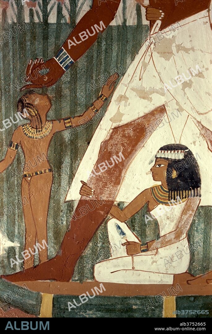 Detail of fresco depicting a duck hunt in the marshes, with the daughter of Sheikh Abd el-Kurna holding his leg on bound papyrus raft, tomb of Nakht, Tombs of the Nobles, Thebes, UNESCO World Heritage Site, Egypt, North Africa, Africa.