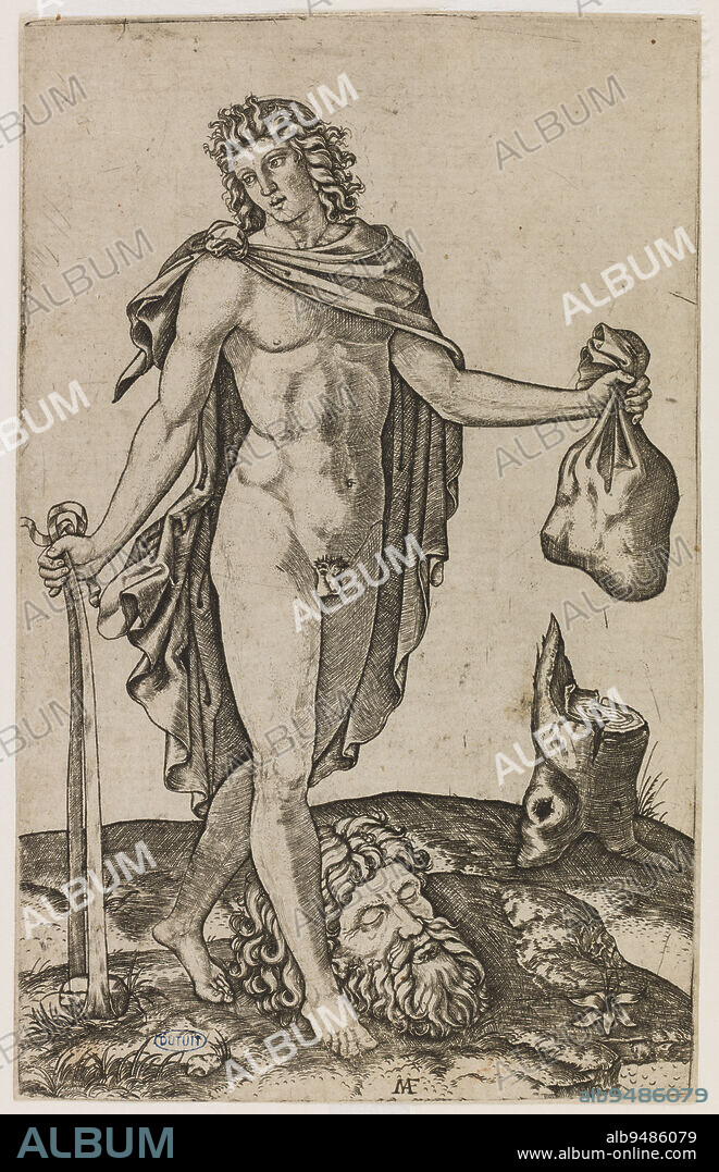 David defeating Goliath after Francesco Francia, part 1), page 21), Raimondi, Marc Antoine, Engraver, Francia (Francesco Raibolini, dit), Author of the model, 16th century, Graphic arts, Print, Interpretation print, Etching, Burin, Height: 17.5 cm, Width: 11 cm.