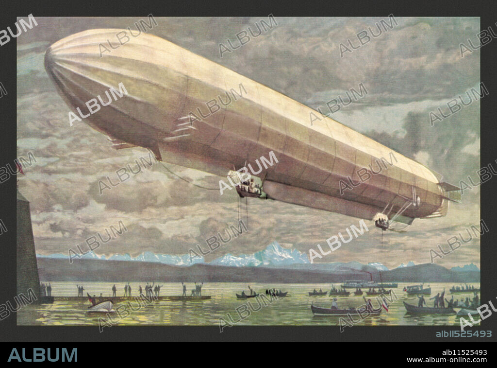 UNKNOWN. Zeppelin Above Lake Constance or the Bodensee between Austria, Germany & Switzerland.  The print commemorates July 2, 1900: Count Ferdinand von Zeppelin’s hydrogen-filled airship powered by two engines made its first flight over Lake Constance in Switzerland. The flight lasted approximately one hour.