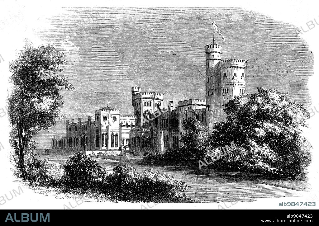 Babelsberg, the Summer Residence of the Prince and Princess Frederick William of Prussia, 1858. 'The Castle...was a creation of his Royal Highness the Prince of Prussia, who wished to reproduce on the Germanic soil the Anglo-Gothic style to which the castles in England have given so much celebrity. Situated on the heights on the eastern bank of the River Havel, the castle, surrounded by rich plantations, was commenced under the direction of Schinkel and Lenné, one so highly distinguished as architect, the other as landscape-gardener...The Royal architect, Strack, has finished the chief buildings, while around them the illustrious master of the art of gardening, Prince Puckler Muskau, has displayed all the resources of his talent...The grounds about the castle, with the various parterres of flowers, which are kept with the greatest care...are conformable to the original style of the edifice, and form the garden, properly so called, while beyond their precints the property is laid out like a park...An English lawn or pleasure-ground embellished with groups of trees descends from the castle to the basin of the river, from which springs a fountain, seen from a great distance, as it ascends to the height of 130 feet'. From "Illustrated London News", 1858.