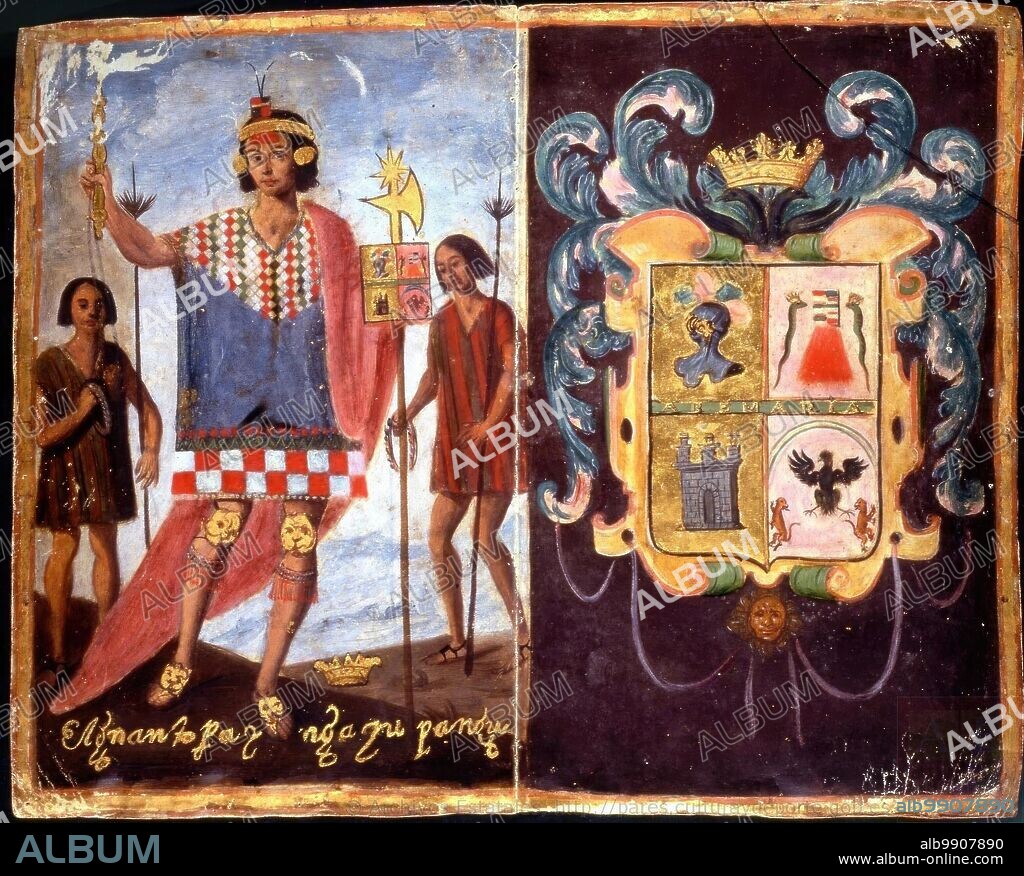 Escudo de armas concedido por el emperador Carlos V a los descendientes de los incas Gonzalo Uchu Hualpa y Felipe Tupa Inga Yupanqui, hijos de Huayna Capac y nietos de Tupa Inga Yupangui. Archivo de Indias.