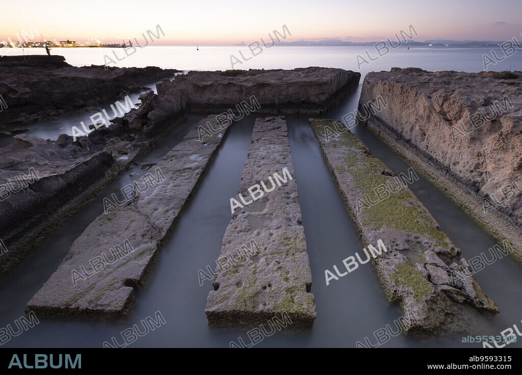 irrigation canal of the salt flats, Sa Siquia, la Savina, Formentera, Pitiusas Islands, Balearic Community, Spain.