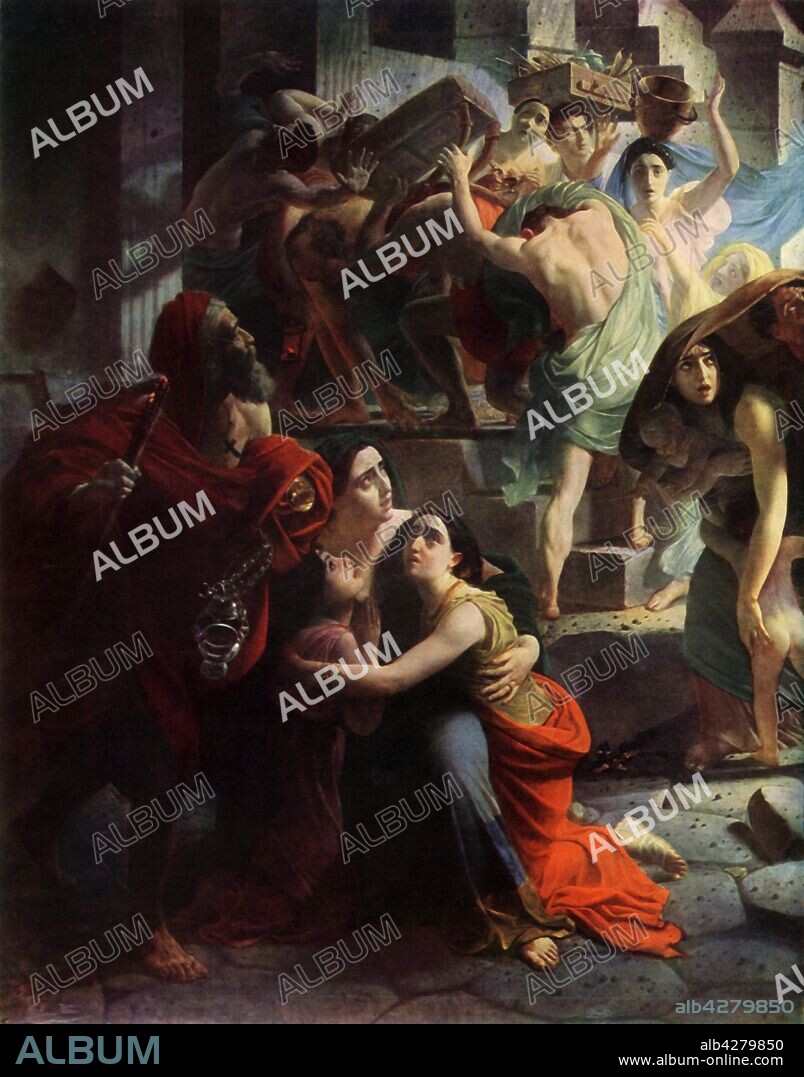 KARL BRIULLOV. 'The Last Day of Pompeii', 1833, detail, (1965). Depiction of people fleeing the eruption of Mount Vesuvius in Italy in 79 AD. 'The picture is based upon the Younger Pliny's story of the destruction of Pompeii'. Bryullov used as models his friend Countess Yuliya Pavlova Samoylova and her daughters, seen here in the foreground. The painter himself is portrayed, holding on his head a box of brushes and paints. Karl Bryullov (1799-1852) lived and worked in Rome for some years and is regarded as a key figure in the transition from Russian neoclassicism to romanticism. Painting in the collection of The State Russian Museum, St Petersburg. From "Russian Painting of the 18th and 19th Centuries" by Vladimir Fiala. [Artia, Czechoslovakia, 1965].