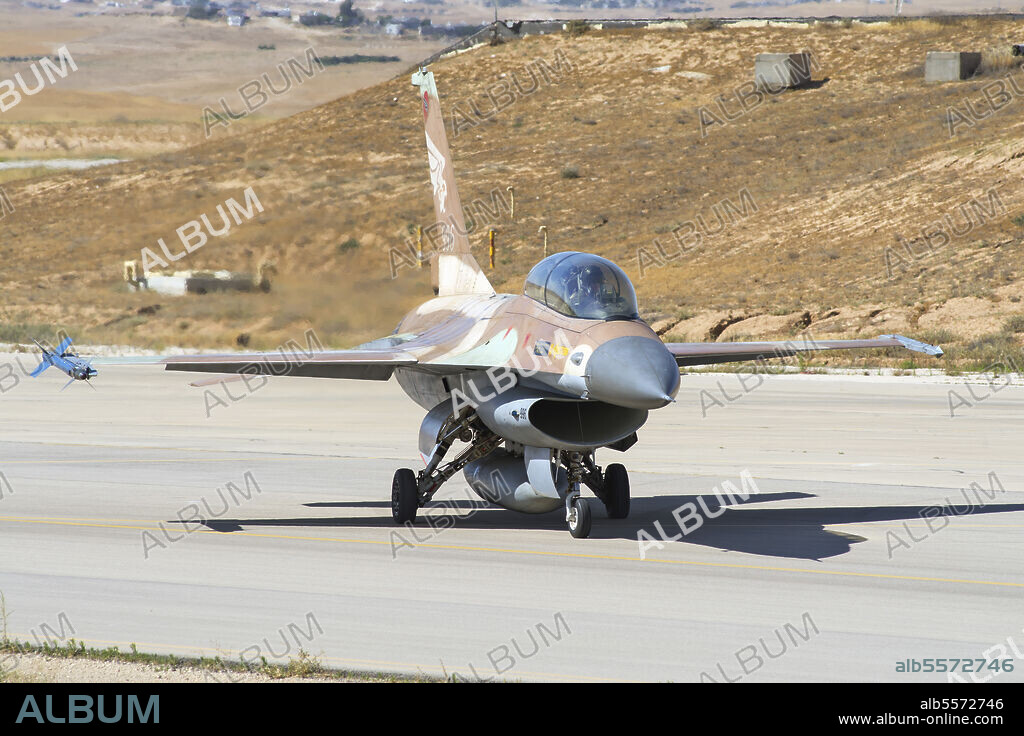 An Israeli Air Force F-16A/B Netz of the 116th Defenders of the South Squadron, taxiing at Nevatim Air Force Base, Israel.