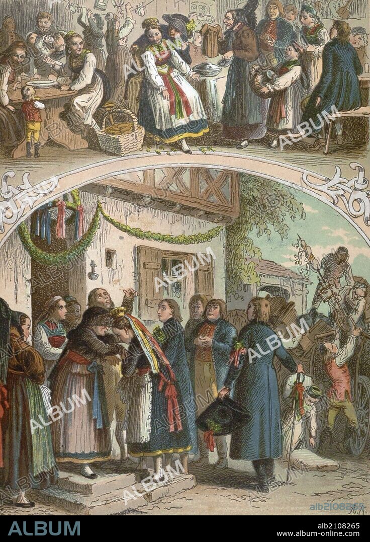 Traditional hungarian wedding, Hungary, 19th century, bride, groom, man, woman, food and drink, folk dress, village, wedding guests, liszt gourmet archive.