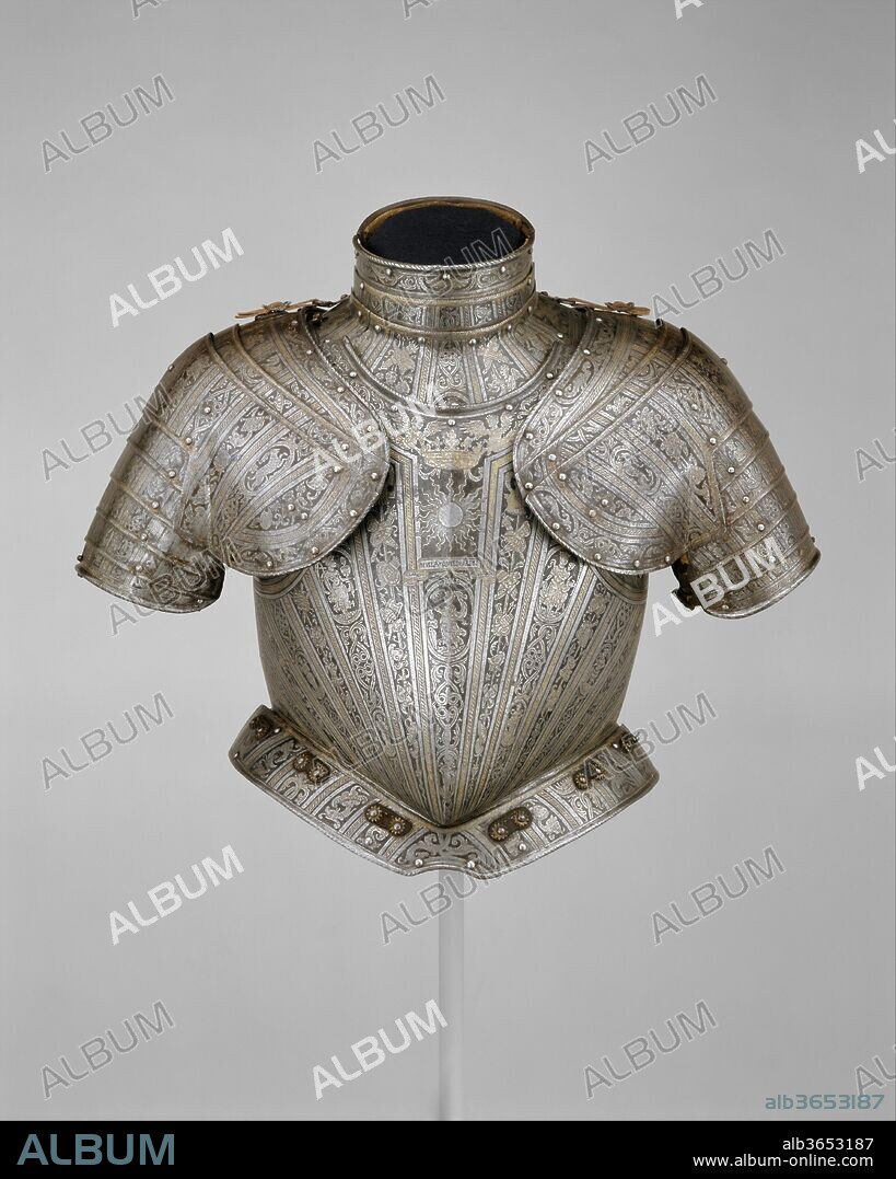 Portions of an Armor for
 Vincenzo Luigi di Capua (d. 1627). Armorer: Pompeo della Cesa (Italian, Milan, ca. 1537-1610). Culture: Italian, Milan. Dimensions: H. as mounted 19 in. (48 cm). Date: ca. 1595.
These elements form part of a light-cavalry or infantry armor made for the Neapolitan nobleman Vincenzo Luigi di Capua (d. 1627), count of Altavilla and prince of Riccia. The breastplate bears his personal impresa (emblem), a sunburst above the motto Nulla Quies Alibi (No Repose But Here).
Pompeo della Cesa, whose etched signature "Pompeo" is found near the top of the breastplate in the center, was the foremost Milanese armorer of the late sixteenth century. His patrons included Philip II of Spain, who also ruled as duke of Milan; Alessandro Farnese, duke of Parma; and Emanuele Filiberto, duke of Savoy. Pompeo probably headed a large workshop and also acted as a contractor in cooperation with other shops to fill particularly large commissions. The decoration includes bands of trophies alternating with bands of allegorical and Biblical figures, one of several distinct decorative styles employed in Pompeo's workshop.