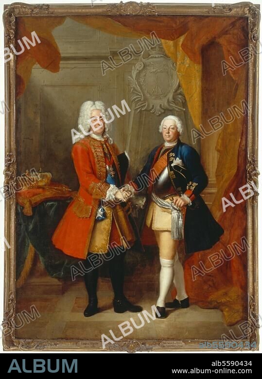 LOUIS SILVESTRE DER JÜNGERE. August II. der Starke, König von Polen. (1697-1706,1709-33), als Friedrich A.I. Kurfürst von Sachsen; 1670-1733. "Allianzporträt von König August II. von Polen und Friedrich Wilhelm I. von Preußen". Gemälde, vor 1730, von Louis de Silvestre. (1675 - 1760). Leinwand, 281 × 202 cm. Gal.-Nr. 770. Dresden, Gemäldegalerie, Alte Meister.