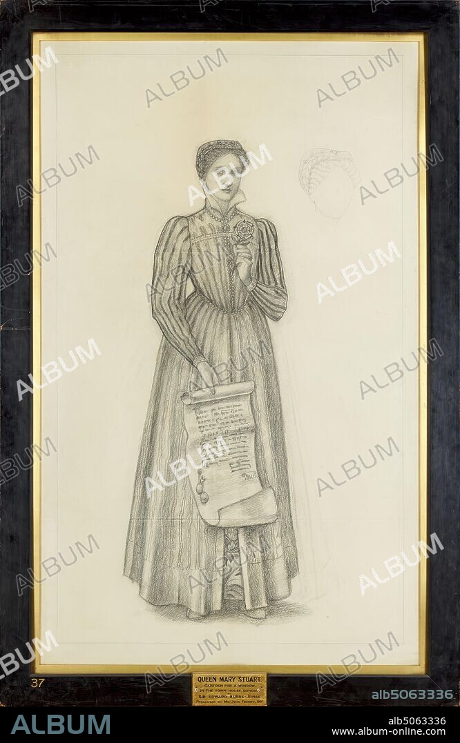 Mary, Queen of Scots, 1888-89 Sir Edward Burne-Jones (d.1898), Art Movement, Pre-Raphaelite, 19th Century, Drawing, Chalk, Stained Glass, Cartoon, crown, Royal, Royal, Queen, Works on Paper.