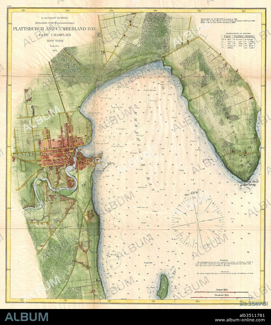 1872, U.S. Coast Survey Map of Plattsburgh and Lake Champlain, New York.